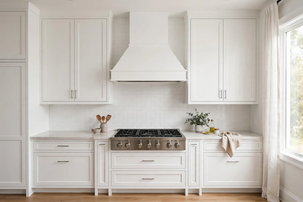 White kitchen range hood blended into white cabinetry for a clean look