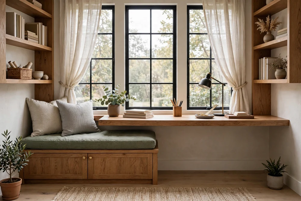 A study room with a built-in window-seat desk under a sunny window for comfortable studying
