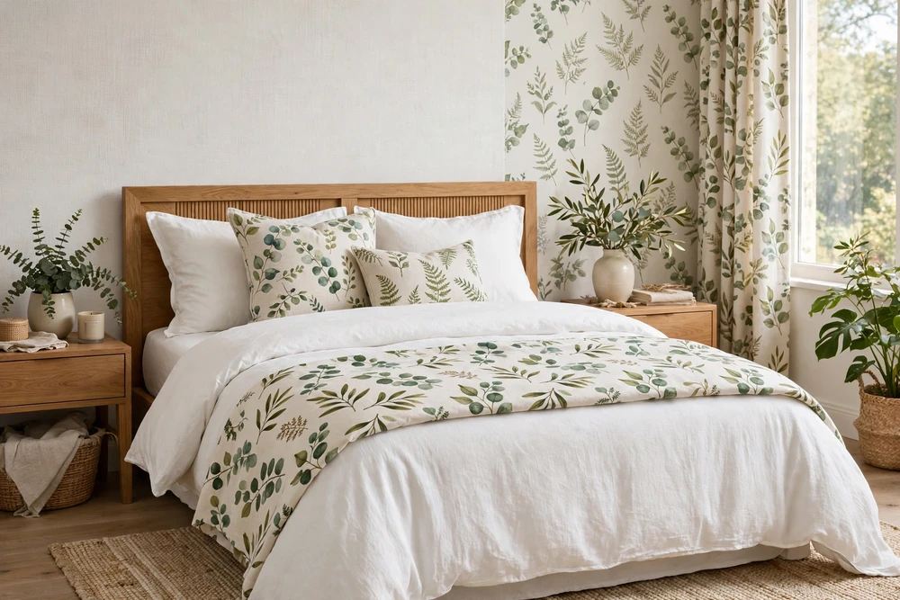 White bedding with botanical pattern pillows