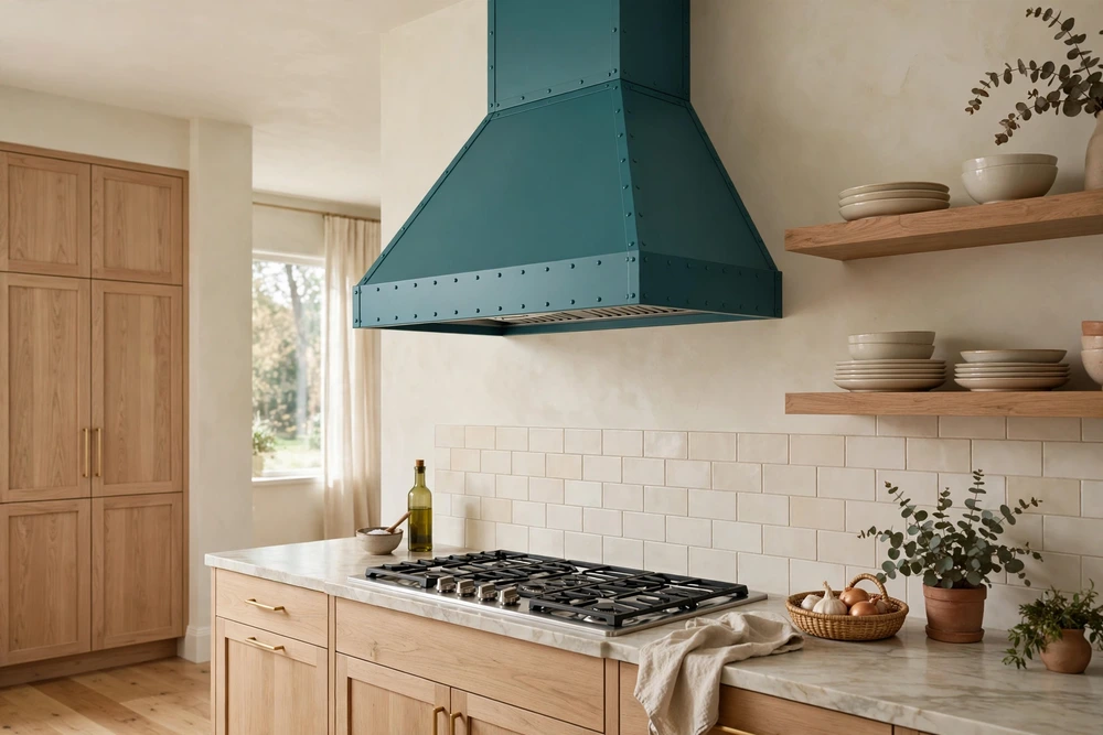 Colored kitchen range hood used as the bold accent of the room