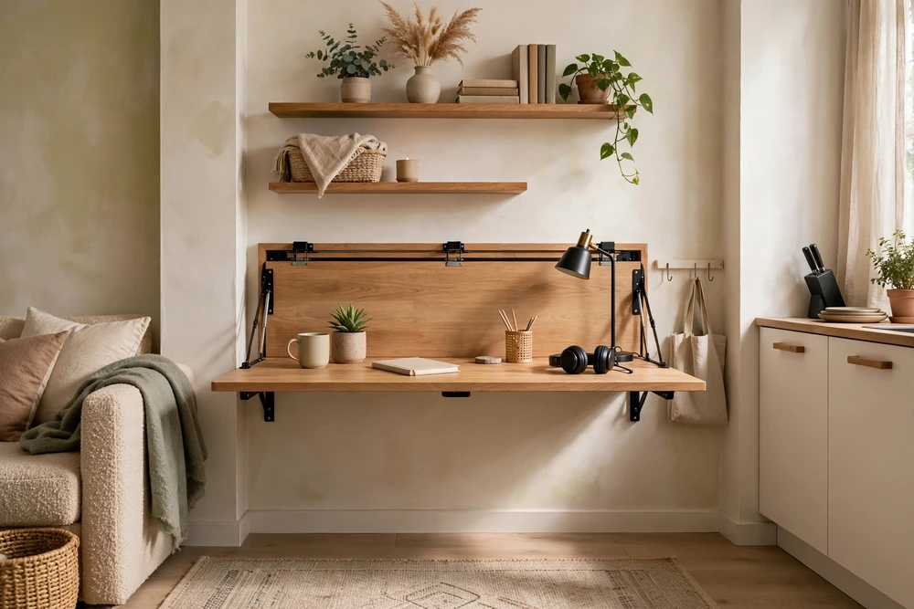 Studio apartment decor with a wall-mounted fold-down desk that saves floor space