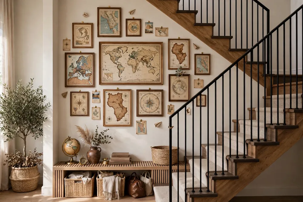 Travel map wall display as themed staircase wall decor