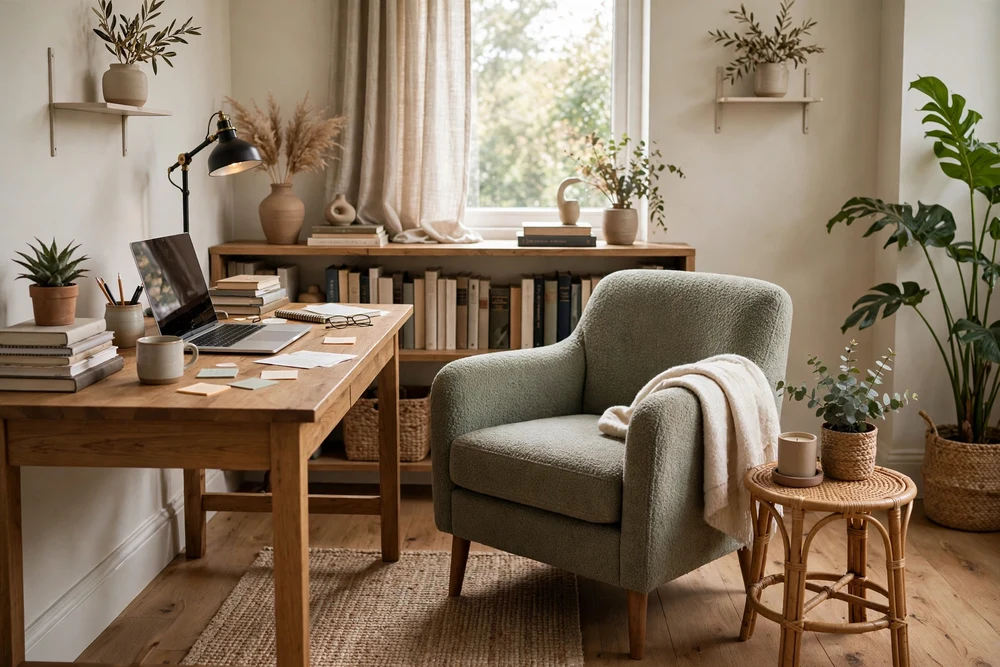A study room with a comfortable reading chair placed beside the desk for relaxed reading