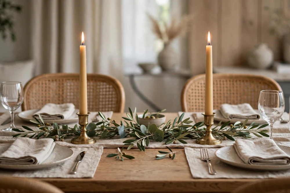 12. Symmetrical Candle Pair Symmetrical pair of candles flanking a dining table centerpiece
