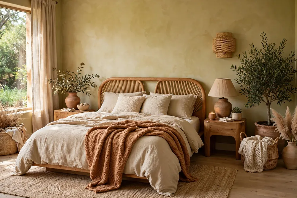 Warm modern organic primary bedroom with natural textures and curved shapes