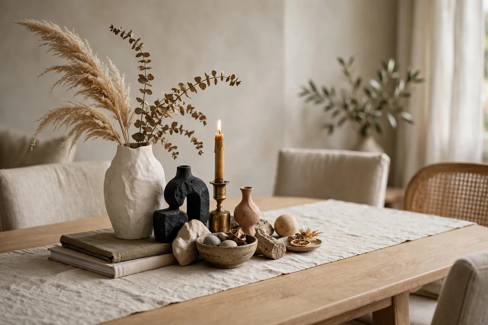 13. Asymmetrical Object Cluster Asymmetrical cluster of decor objects styling a dining table