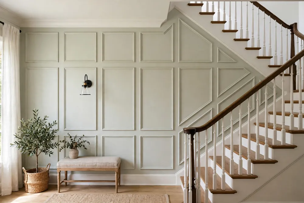 Decorative wall molding panels as elegant staircase wall decor