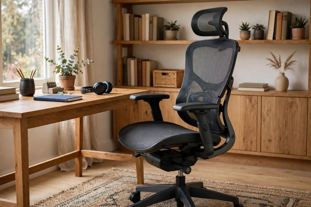 An ergonomic adjustable chair at a desk in a study room for comfortable long study sessions