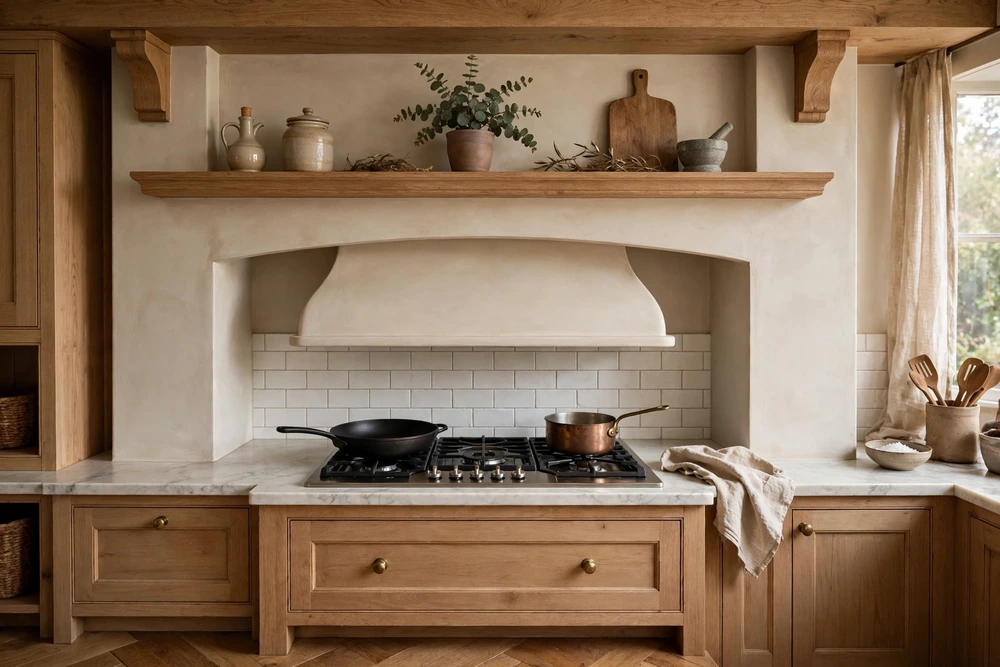 Kitchen range hood with a mantel shelf for styling decor above the stove