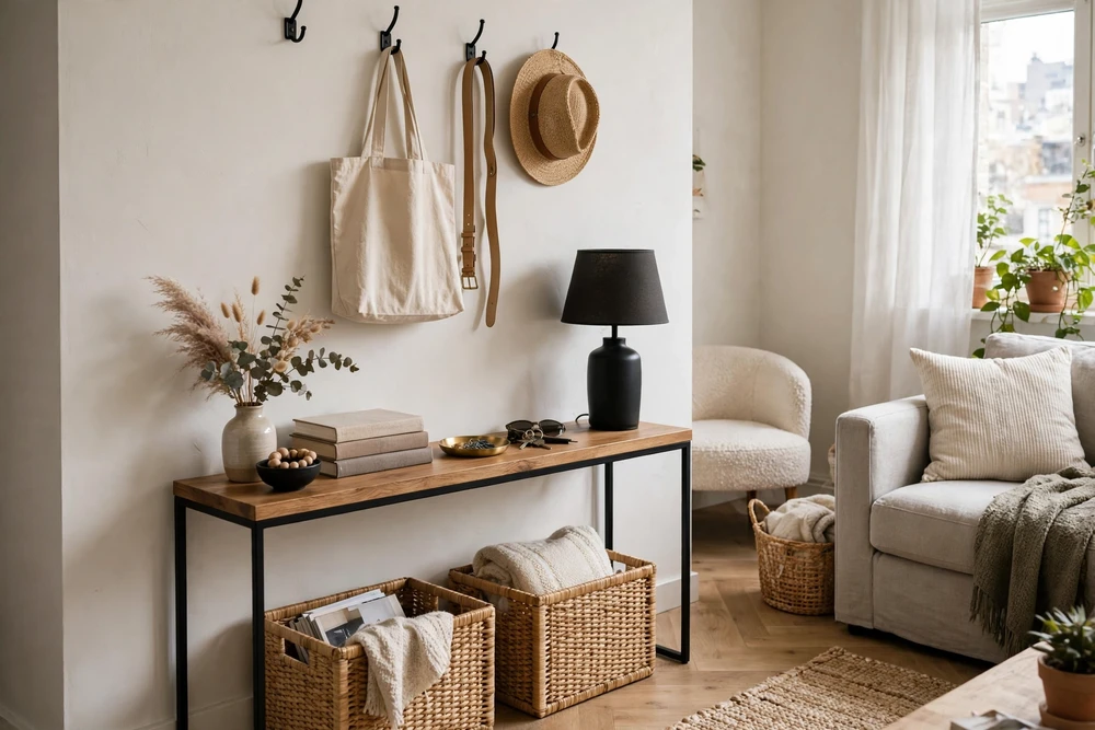 Studio apartment decor featuring a slim console table that adds style without bulk
