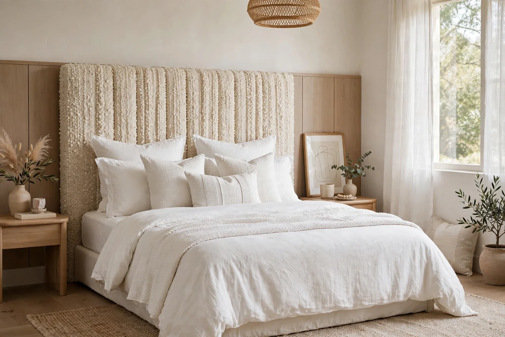 White bedding paired with a textured upholstered headboard