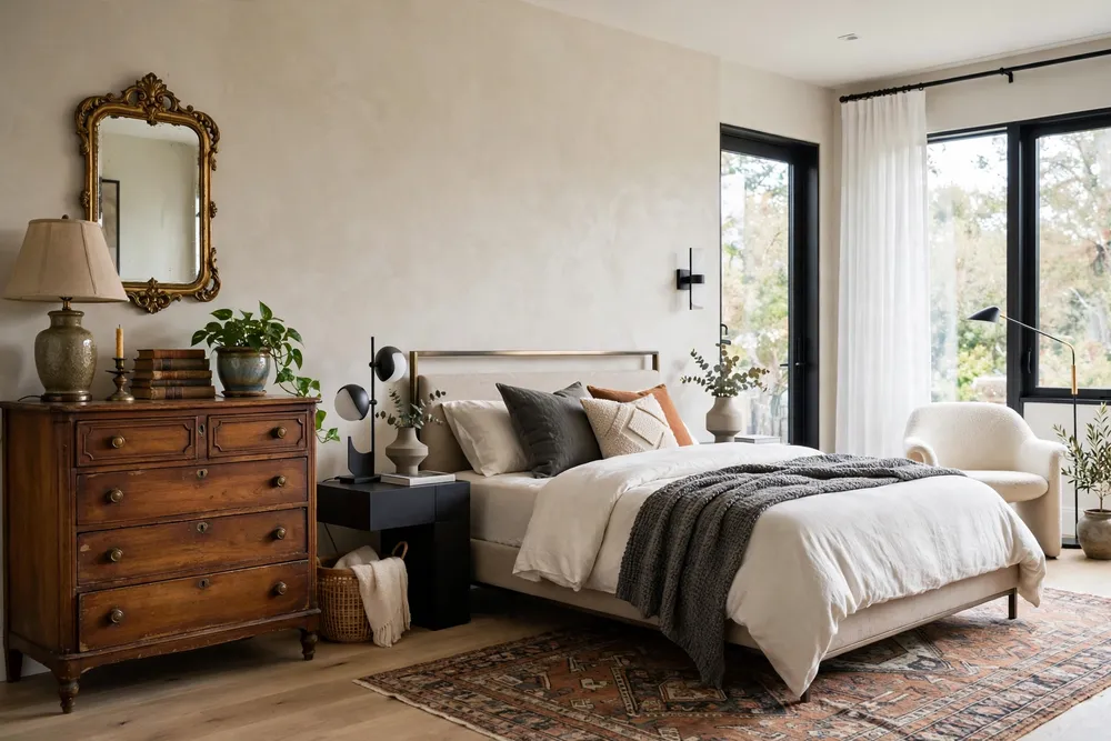 Primary bedroom mixing vintage and contemporary furniture styles
