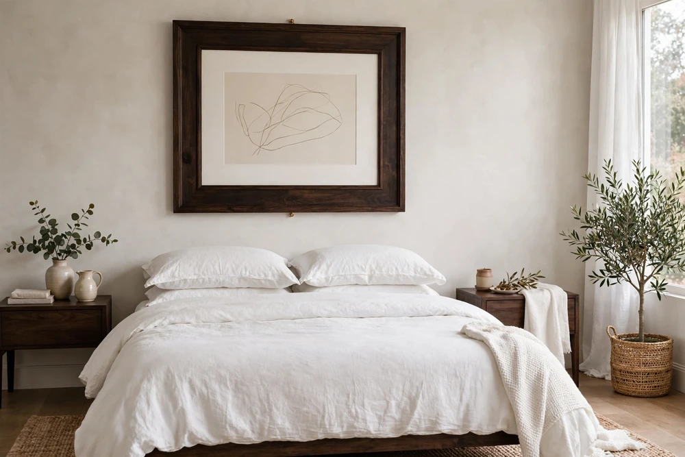White bedding on a bed with a dark wood frame