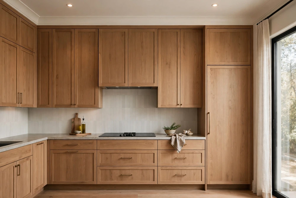 Kitchen range hood integrated into a full cabinet wall for a built in look