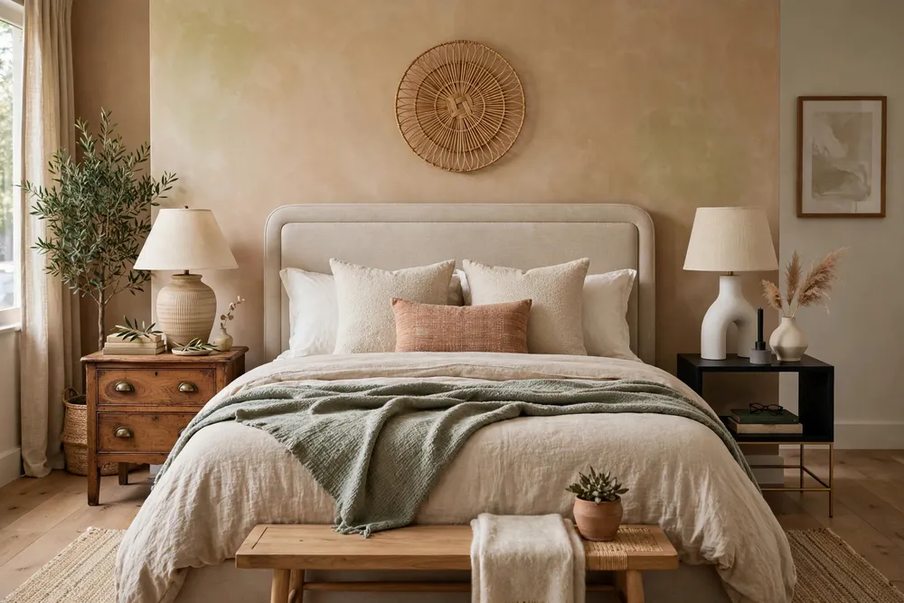Primary bedroom with intentionally mismatched bedside tables