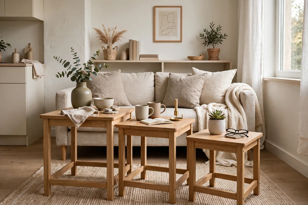Studio apartment decor with nesting tables that stack together for flexible small spaces