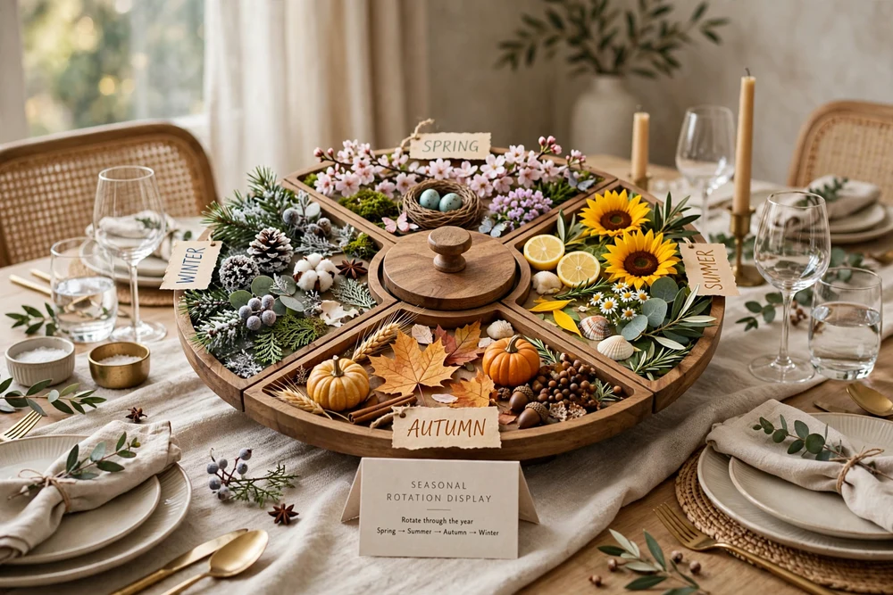 Seasonal display with autumn accents on a dining table