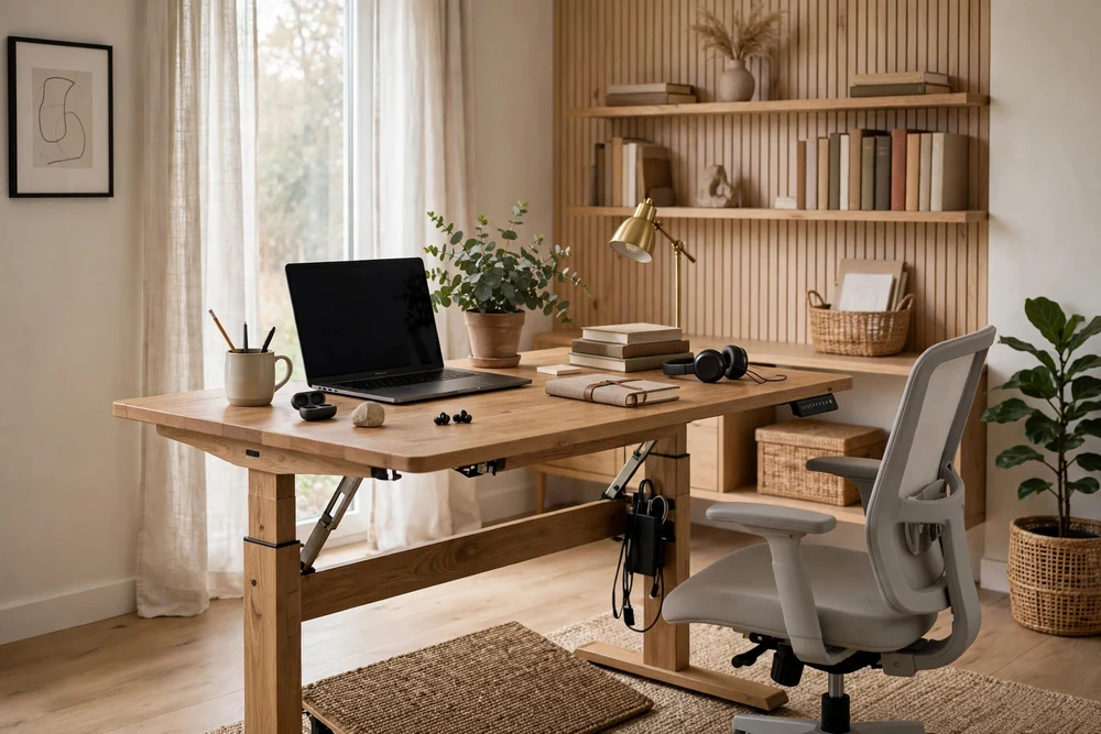 A study room with a height-adjustable sit-stand desk for healthy study posture