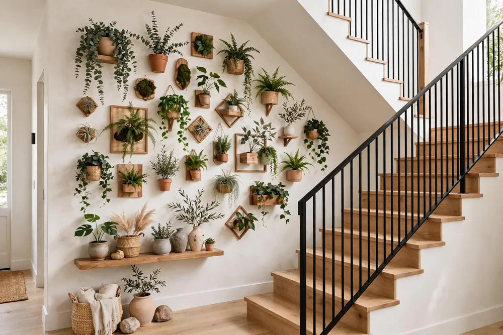 Botanical prints and plants as fresh staircase wall decor