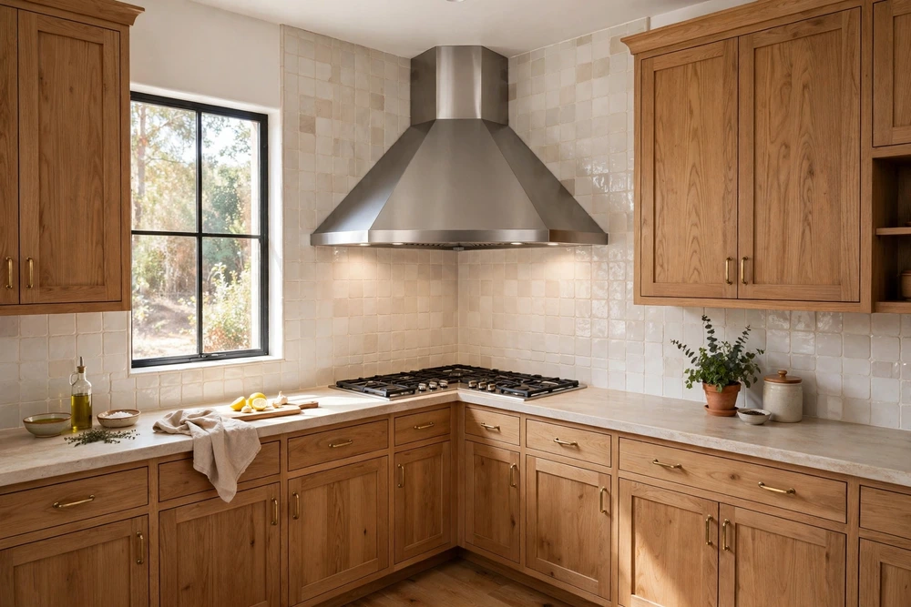 Corner kitchen range hood fitted into the corner of a kitchen