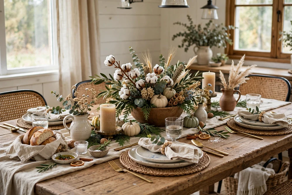 Farmhouse-style mix of wood, linen and greenery on a dining table