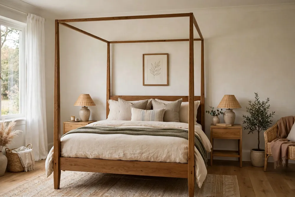 Primary bedroom centered on a classic four-poster bed