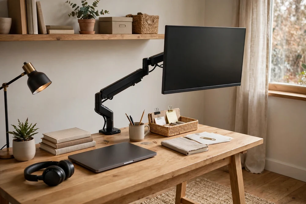A study room desk with a monitor on a riser and adjustable arm for better screen height