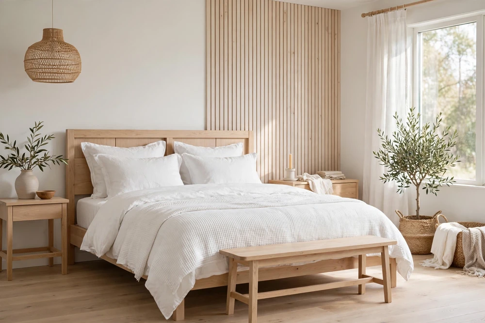 White bedding on a light wood Scandinavian style bed frame