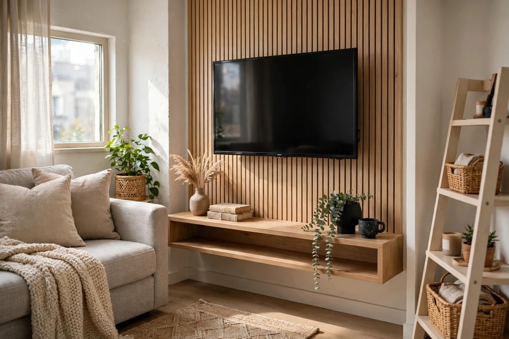 Studio apartment decor with a wall-mounted TV setup that keeps the floor clear