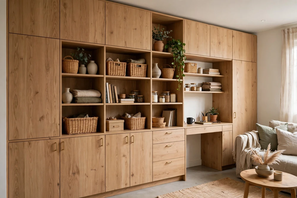 Studio apartment decor using floor-to-ceiling storage to make the most of vertical space