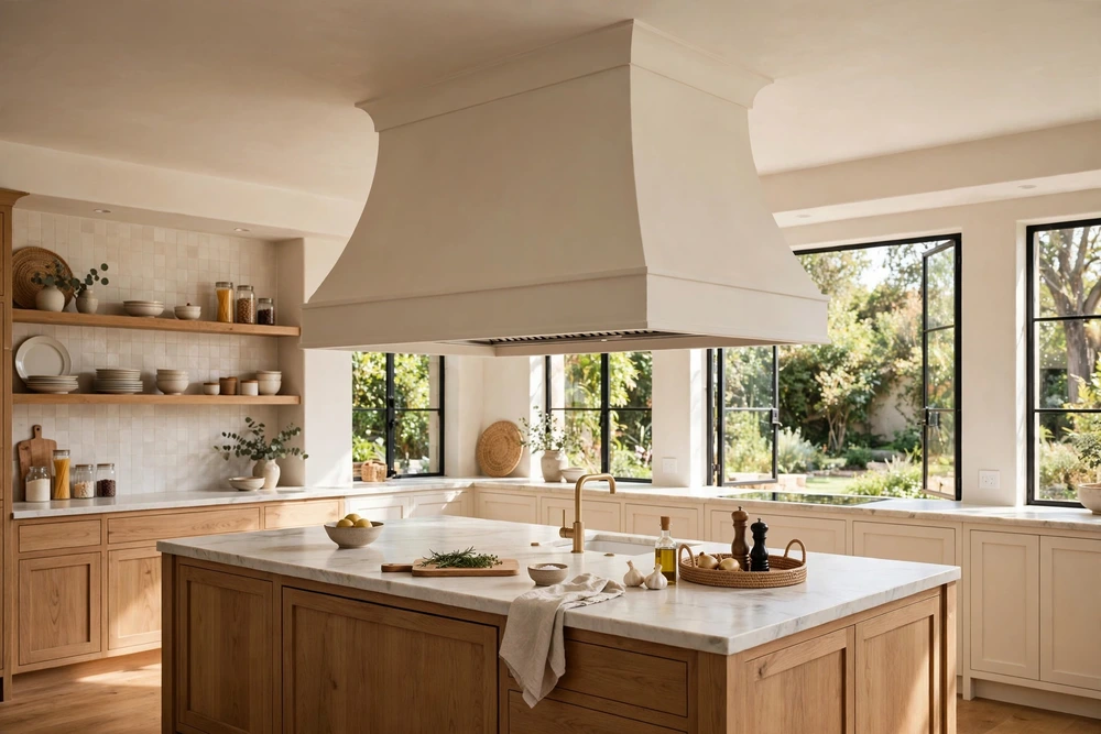 Island canopy kitchen range hood hanging over a kitchen island