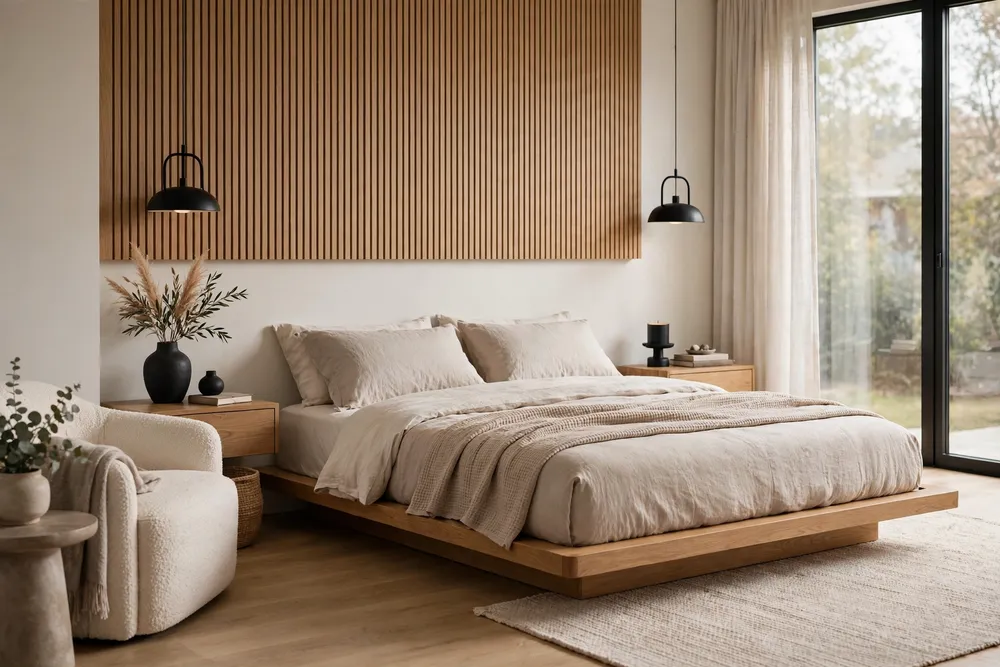 Modern primary bedroom with a low-profile platform bed