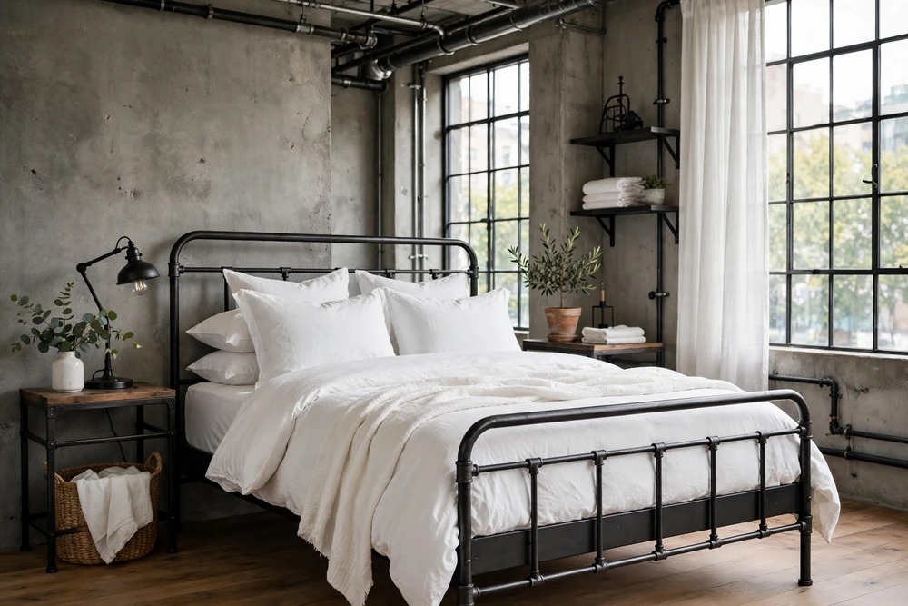 White bedding on a metal frame bed with industrial touch