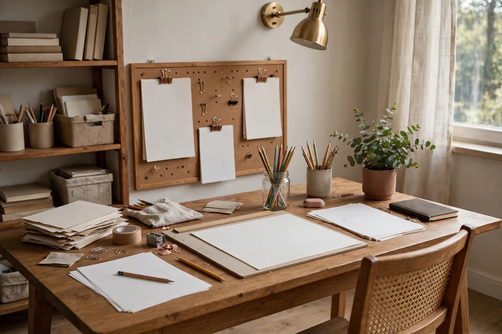 A paper-and-pencil study zone in a study room with notebooks, pencils and an unplugged desk