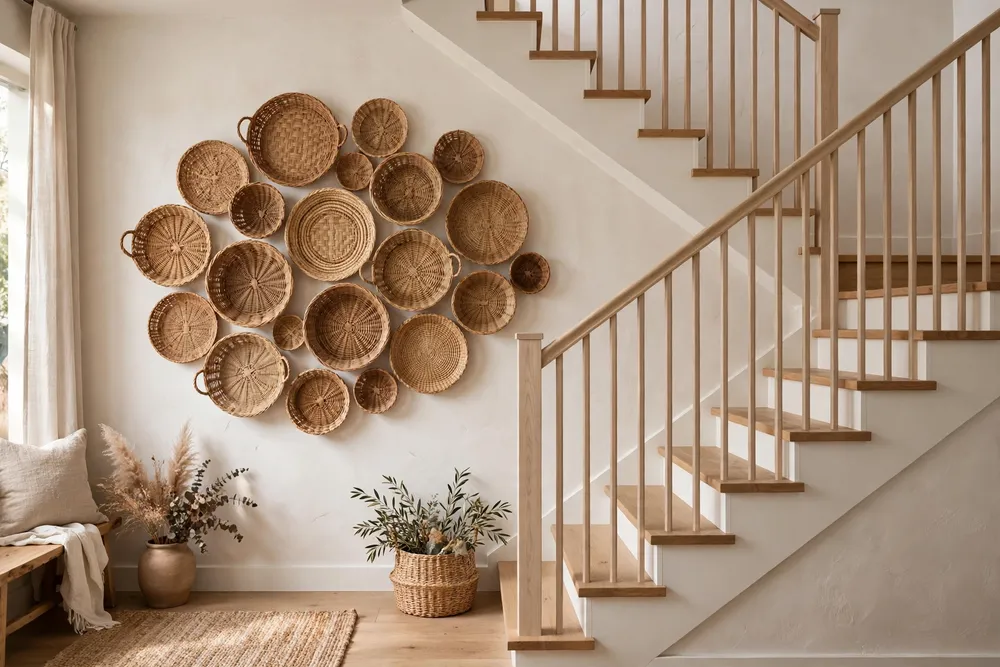 Woven baskets mounted on a staircase wall decor display
