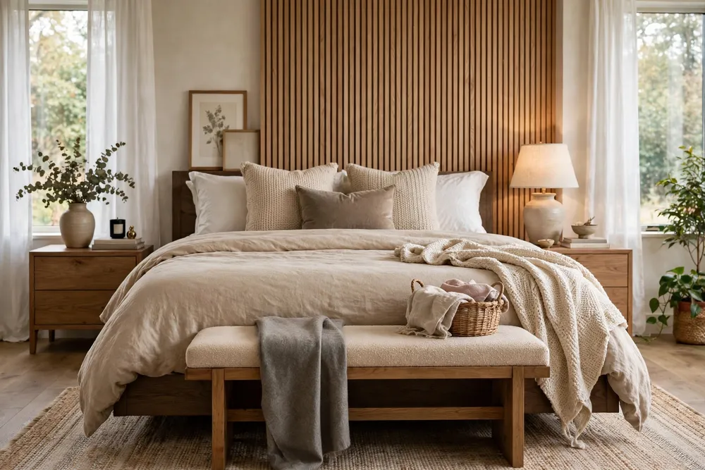 Primary bedroom with a stylish bench at the foot of the bed
