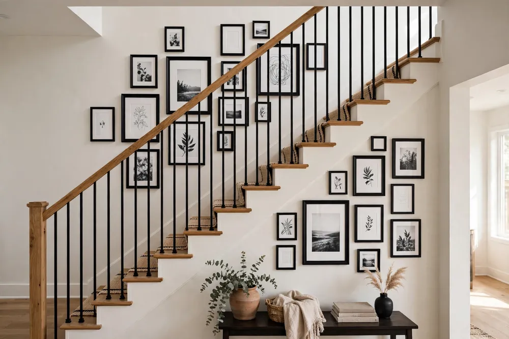 Black framed gallery wall of photos as classic staircase wall decor