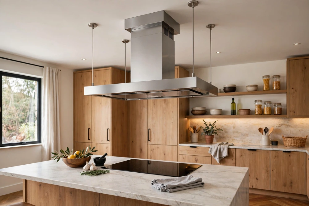 Ceiling mounted island extractor kitchen range hood over an island cooktop