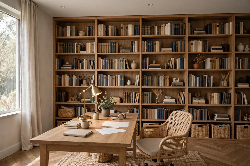 A study room with a floor-to-ceiling library wall of bookshelves filled with books