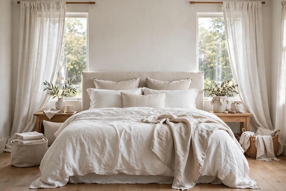 White linen bedding as the focal material in a bedroom