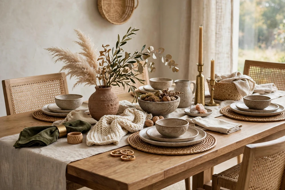 Mixed textures of ceramic, wood and glass styled on a dining table