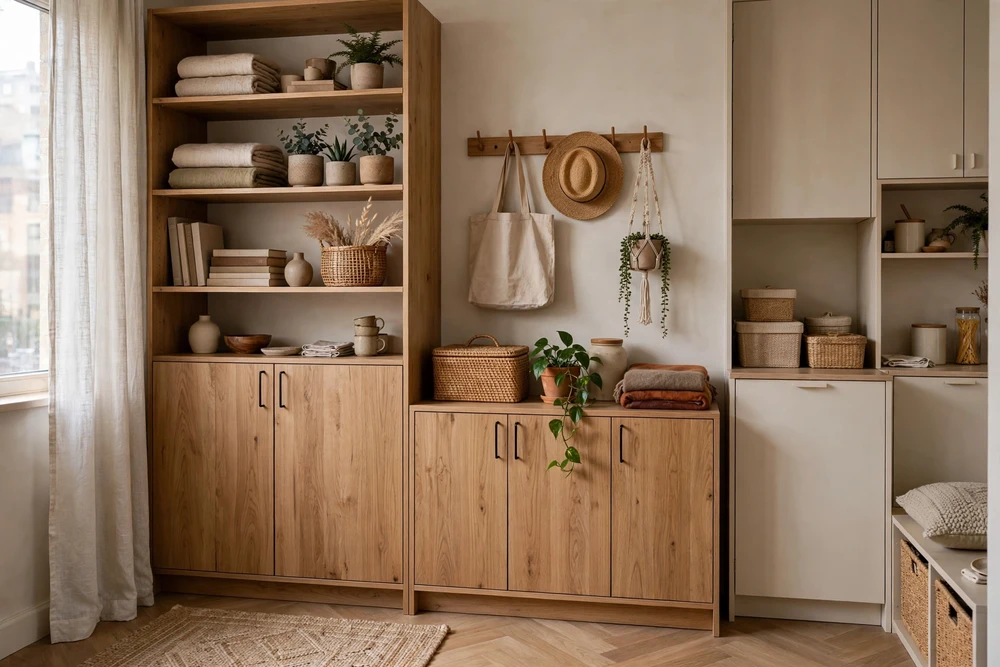 Studio apartment decor mixing open shelves and closed cabinets for a tidy look