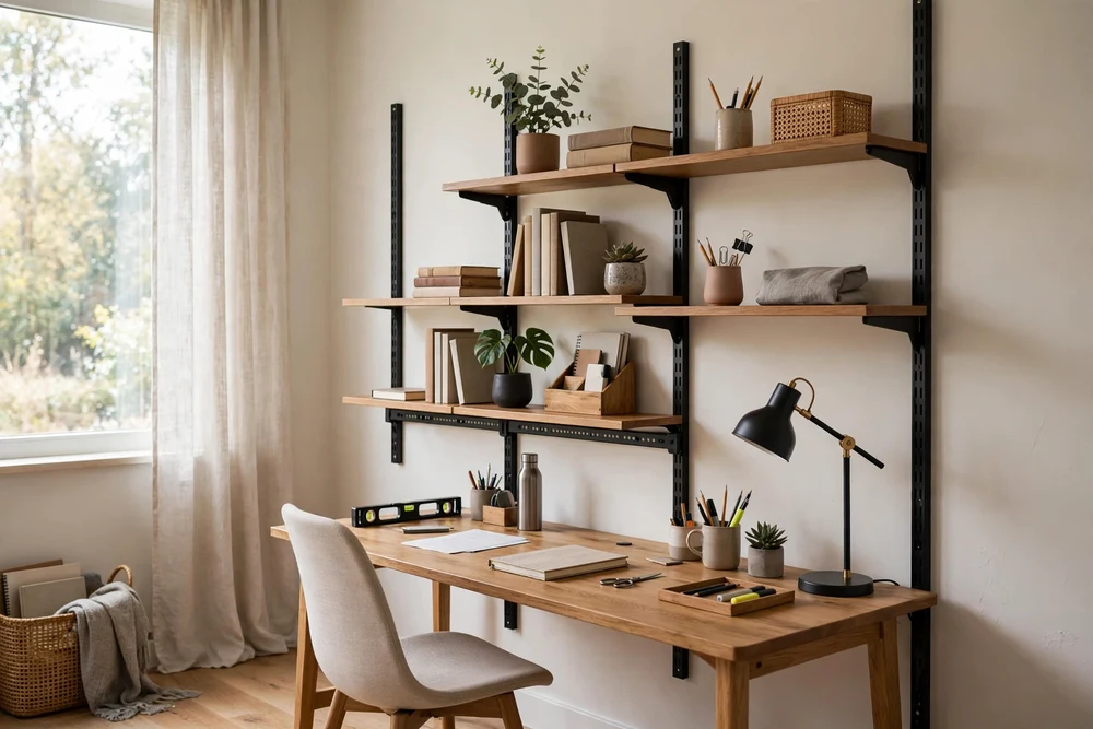 A study room with adjustable wall shelves holding books and study supplies above the desk