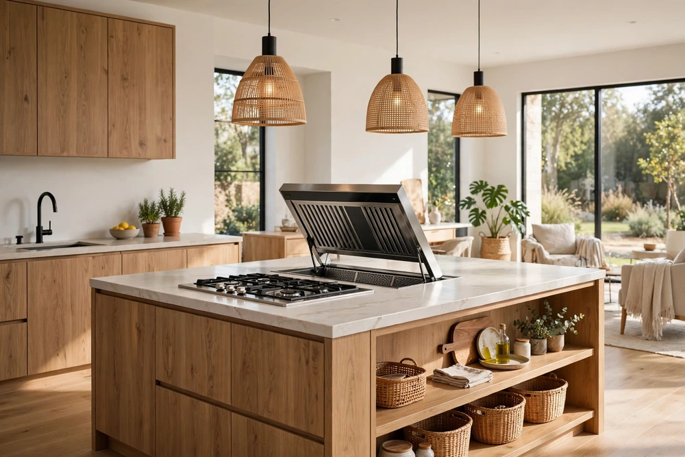 Downdraft ventilation kitchen range hood that rises from an open kitchen island