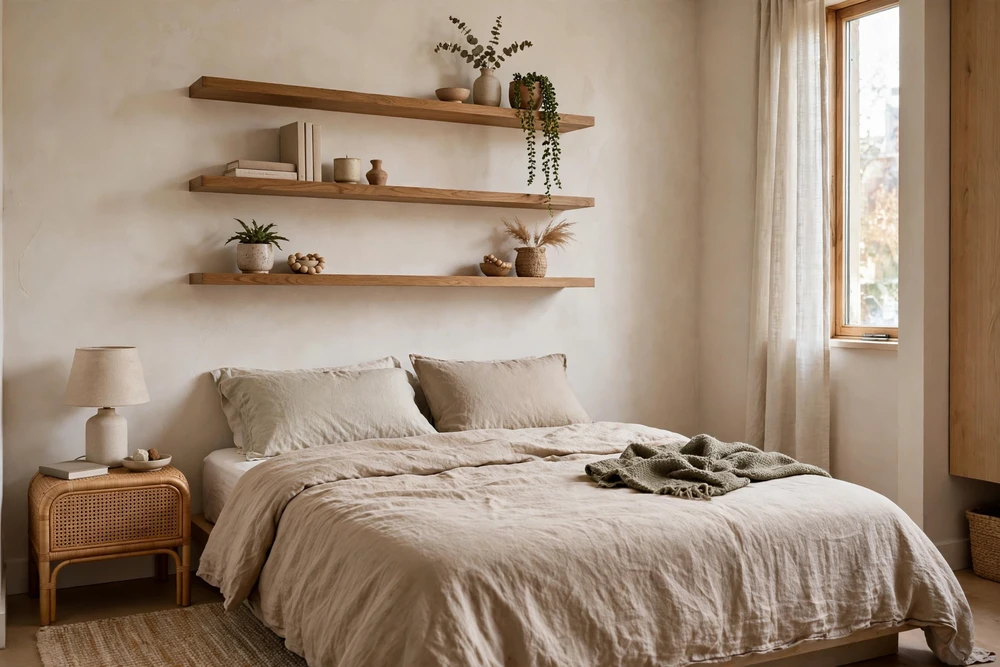 Studio apartment decor with floating shelves over the bed for books and decor