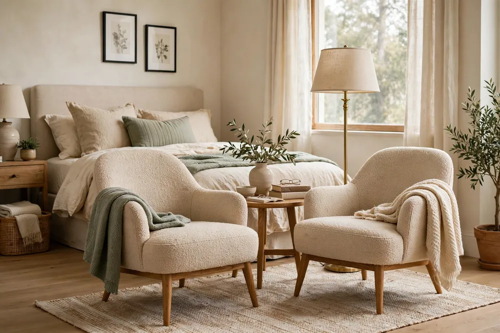 Primary bedroom reading corner with two cozy lounge chairs