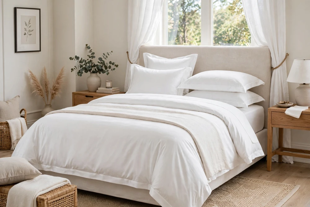 Crisp white percale bedding on a neatly made bed