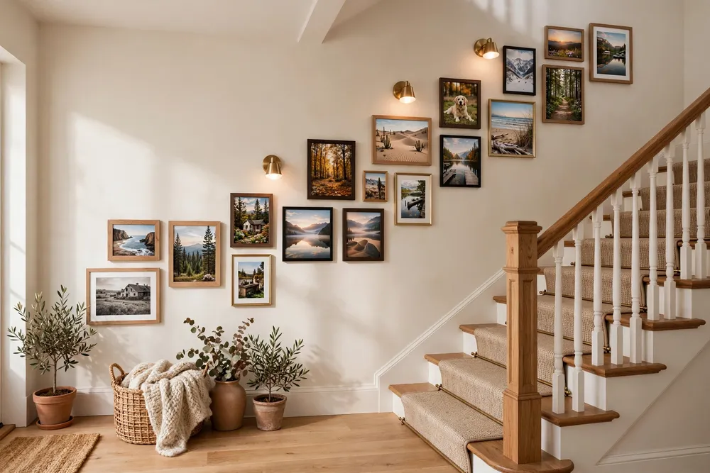 Family photo timeline ascending a staircase wall decor arrangement
