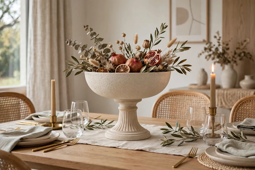 Raised pedestal bowl filled with fruit on a dining table