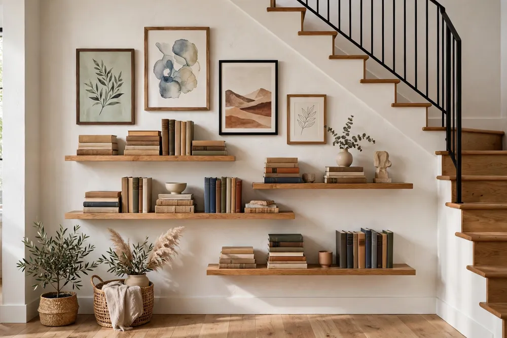 Combination of books and artwork on shelves as staircase wall decor